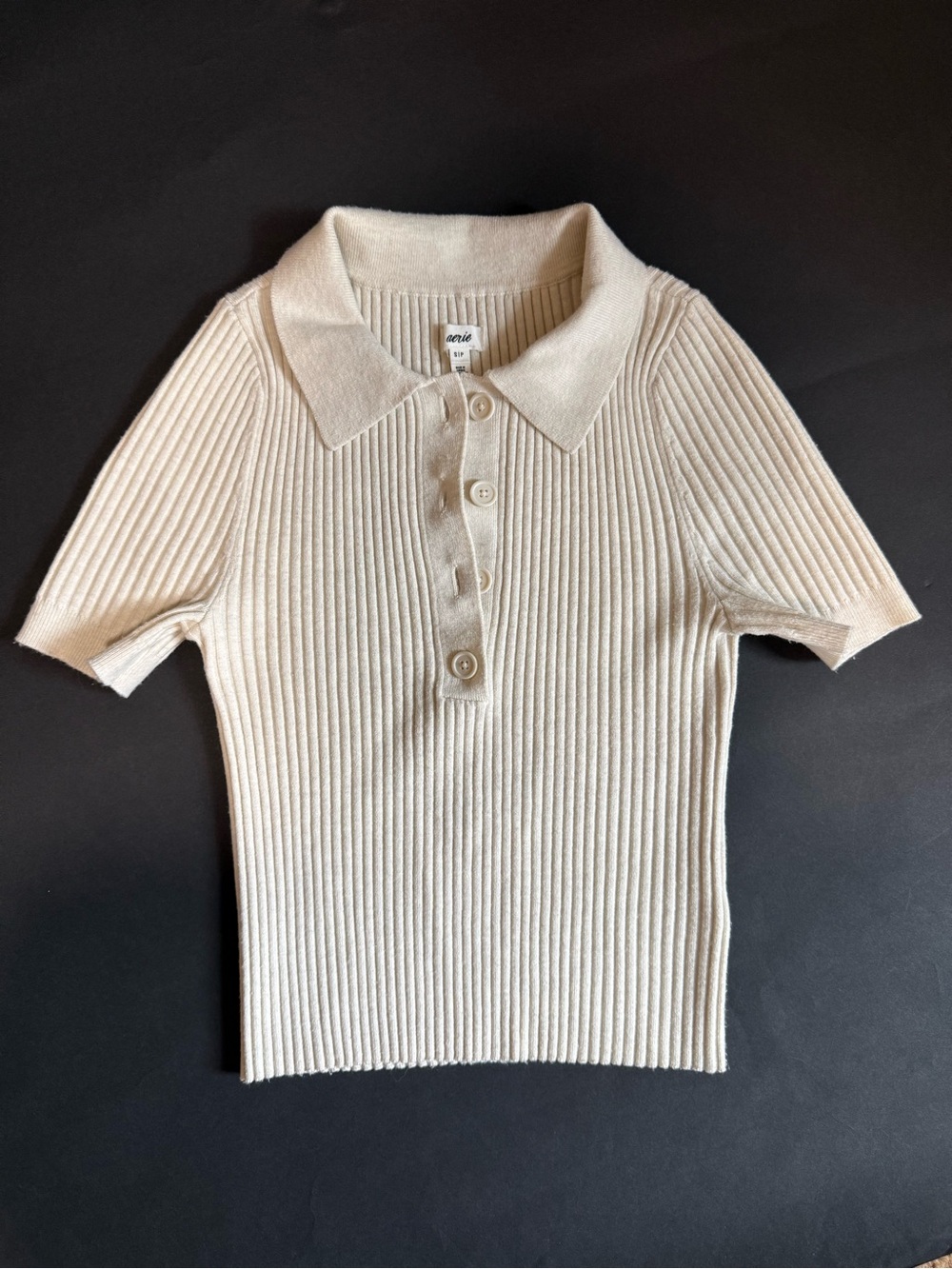 aerie Beige Ribbed Polo Knit Top